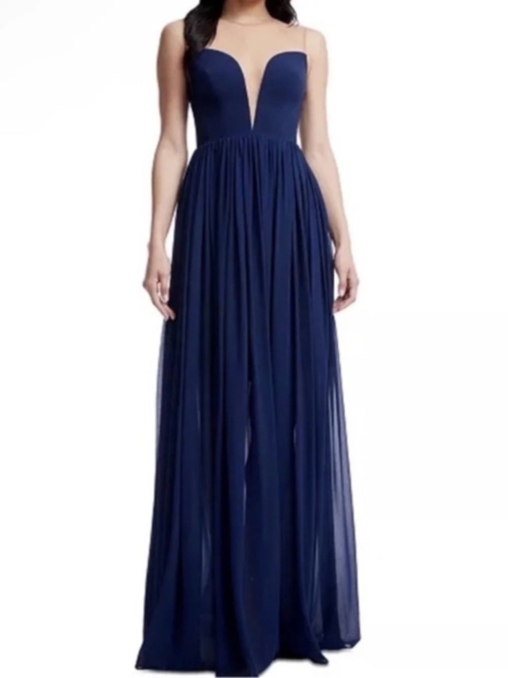 Dress the Population Eleanor Illusion Plunging Neck Gown Navy Blue Size XS